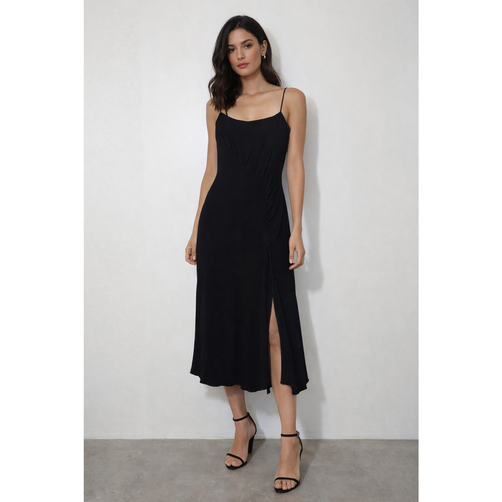 Black Midi Slip Dress with Side Slit
